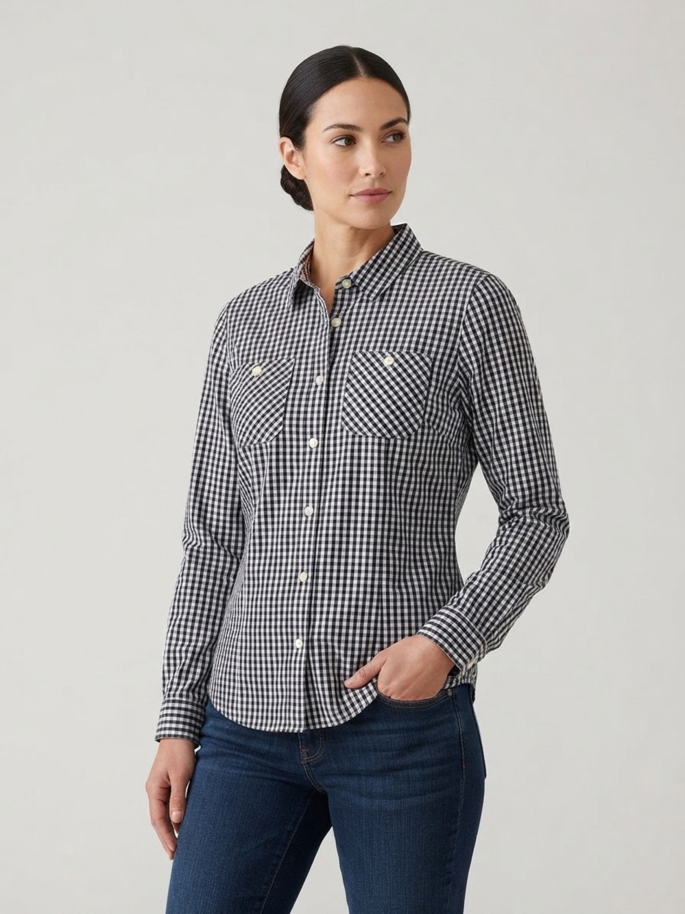 DULUTH TRADING CO. Gingham Button-Down Shirt M 21” p2p Black/White NWOT